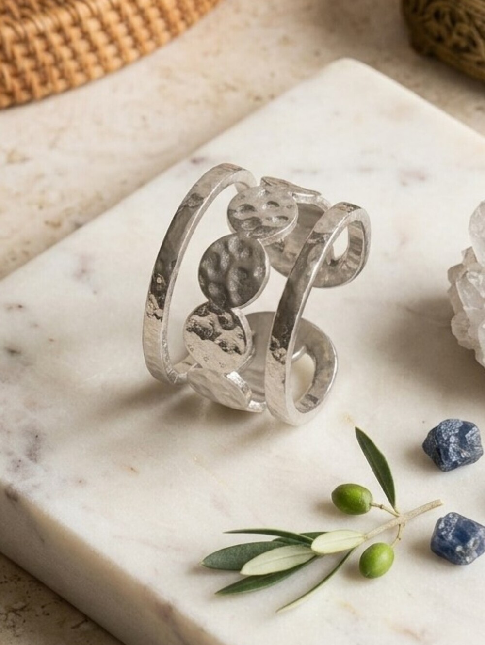 18K White Gold Plated Stainless Steel Hammered Boho Statement Ring Adj 6-9